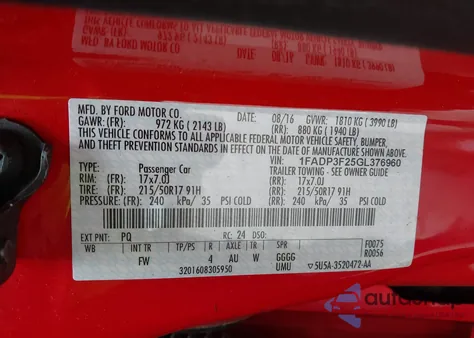 2016 Ford Focus Se из США, поврежденный, VIN 1FADP3F25GL376960